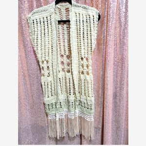 Small Boho Fringe Trim- Macrame Open Front Cardigan Vest-